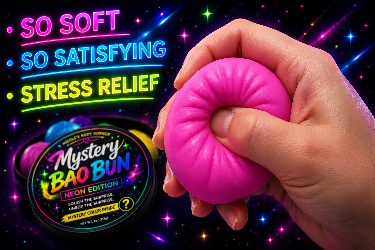 Neon Bao Buns Mini Squishy, Kawaii Stress Relief Dumpling Toy (no steamer - 4 piece)