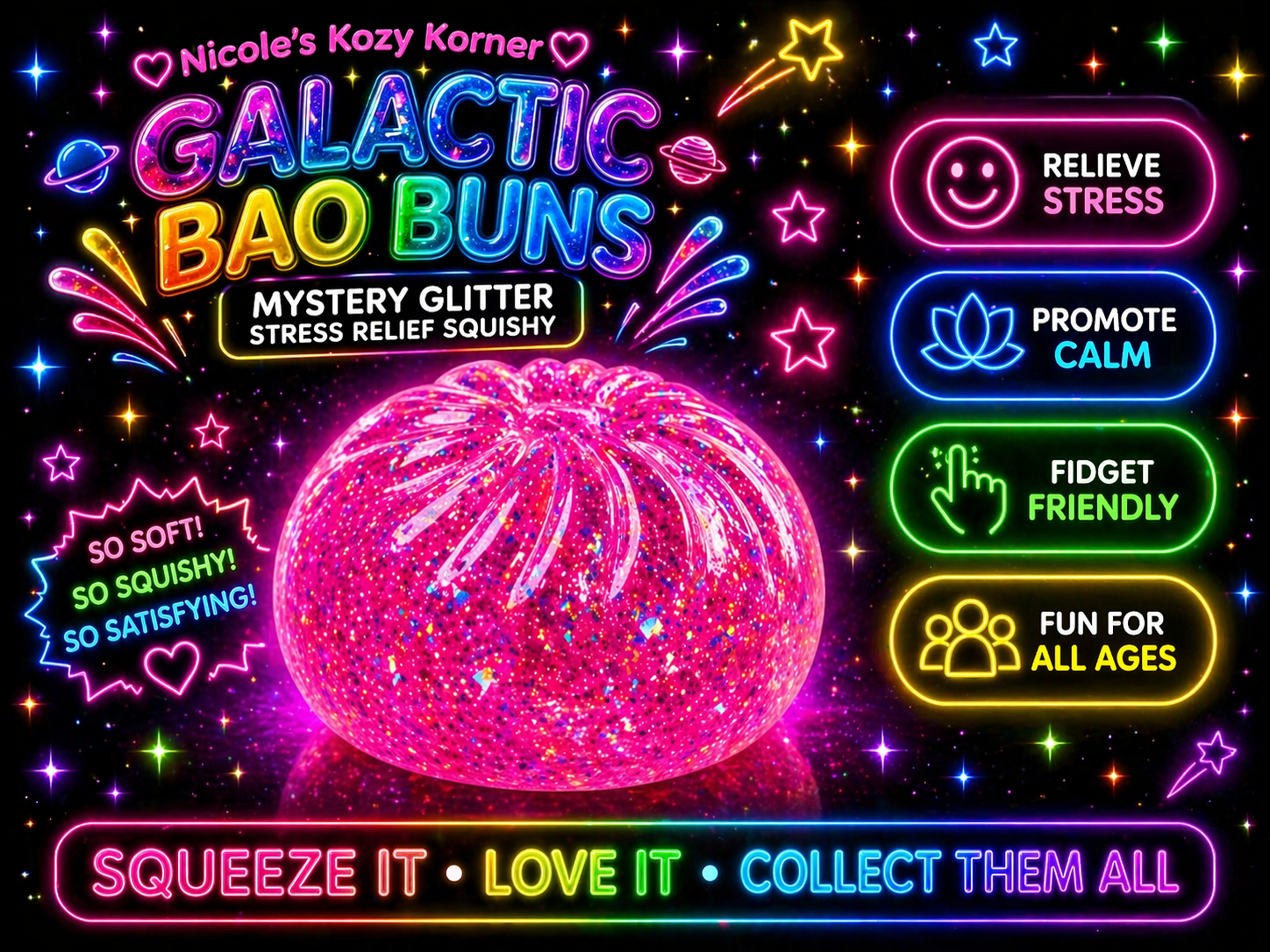 Nicole's Kozy Korner Galactic Bao Bun Squishy, Mystery Kawaii Stress Relief Toy