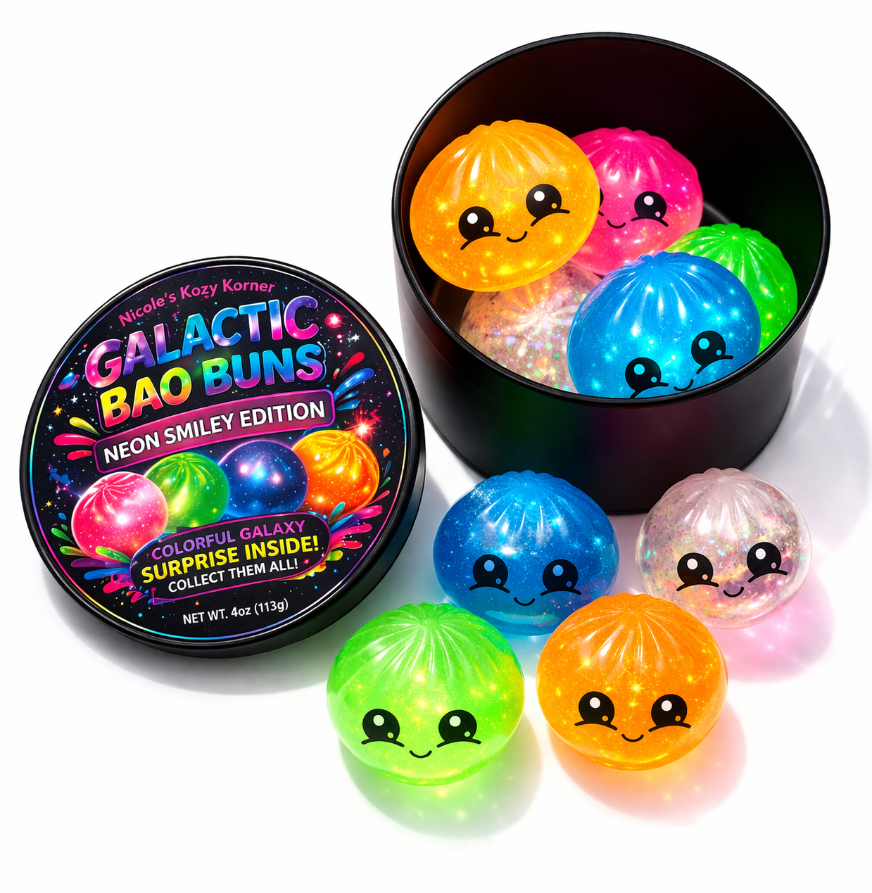 Nicole's Kozy Korner Galactic Bao Bun Neon Smiley Squishy, Mystery Kawaii Stress Relief Toy (no steamer, 5 piece)