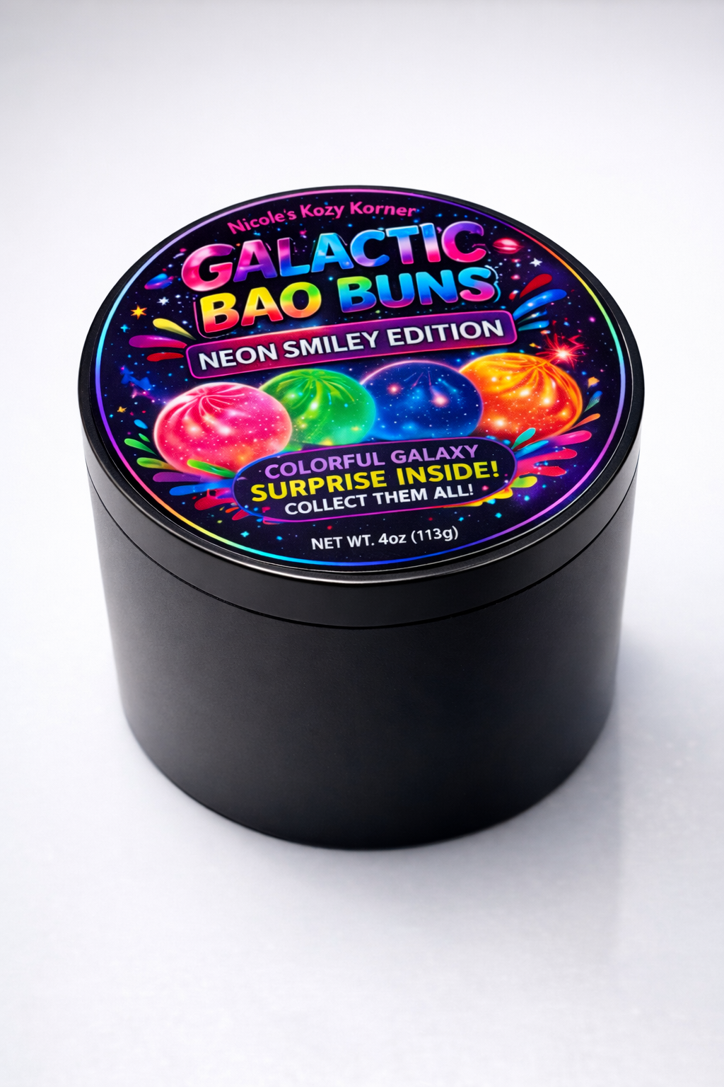 Nicole's Kozy Korner Galactic Bao Bun Neon Smiley Squishy, Mystery Kawaii Stress Relief Toy (no steamer, 5 piece)